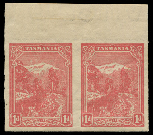 TASMANIA : 1905-11 (SG.250f) Typo Using Electrotyped Plates Wmk Upright (Inverted) 1d rose-red IMPERFORATE PAIR from the top of the sheet, with large part inverted 'AUSTRALIA' sheet edge watermark in the upper margin, fine mint, Cat. £700.