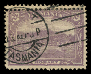 TASMANIA : TASMANIA: 1905-11 (SG.251b) Electrotype Crown/A 2d plum Perf.11 variety "Double perfs at top", unlisted by Brusden White (BW:T36b for the same variety Perf 12½), Hobart machine cancel.