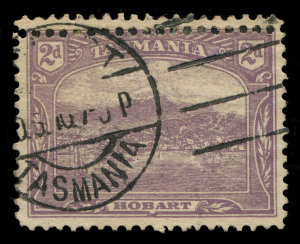 TASMANIA : TASMANIA: 1905-11 (SG.251b) Electrotype Crown/A 2d plum Perf.11 variety "Double perfs at top", unlisted by Brusden White (BW:T36b for the same variety Perf 12½), Hobart machine cancel.