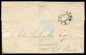 TASMANIA - Postal History : 1830 (May 10) "Leake" correspondence: Launceston to Rosedale outer (faults on reverse from previous poor mounting), showing a very fine strike of the Type 2 double oval handstamp of Launceston. Strikes of this quality are hard to source. Ex Viney.
