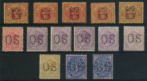 VICTORIA : VICTORIA: 1901-10 (SG.385-395 range) V/Crown perf 'OS' selection comprising 1d, 1½d (5), 2d (5), 4d & 2/- (2), nice range of shades on 1½d & 2d values, generally fine, Cat $400+.