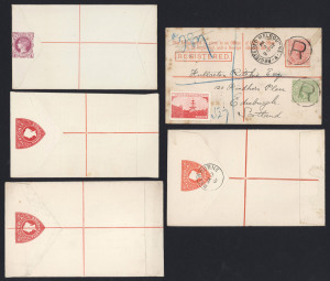 VICTORIA - Postal Stationery : VICTORIA - Postal Stationery: Registration Envelopes: Selection with unused Naish 4d Size F (2) & G (light staining), 3d Shield Size F (4) & G (4); also 3d Shield Size G CTO (3) plus uprated postally used to Scotland (spotti