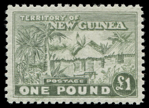 NEW GUINEA : FORGERY: 1925 £1 Huts, dull green perforated and with gum MVLH; well centred. An expert creation by master-forger Angelo Panelli.