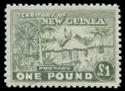 NEW GUINEA : FORGERY: 1925 &pound;1 Huts, dull green perforated and with gum MVLH; well centred. An expert creation by master-forger Angelo Panelli.