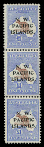 NEW GUINEA - 'N.W./PACIFIC/ISLANDS' Overprints : 1915-16 (SG.99) Kangaroos Third Wmk £1 brown & blue abc strip, the second unit with overprint variety "Hollow stop after 'W'", fresh unmounted and rare thus, Cat £1400++.