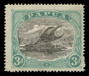 PAPUA : PAPUA: 1929-30 (SG.114) Overprinted 'AIR MAIL' 3d black & blue-green with "ALBINO" overprint, overprint impression clearly visible on reverse, expertising handstamp and a normal stamp for comparison, MUH, Cat. £8,000 (as a missing overprint in pair with normal stamp). RPSofL Certificate (2007).
