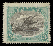PAPUA : PAPUA: 1929-30 (SG.114) Overprinted 'AIR MAIL' 3d black & blue-green with "ALBINO" overprint, overprint impression clearly visible on reverse, expertising handstamp and a normal stamp for comparison, MUH, Cat. &pound;8,000 (as a missing overprint in pai