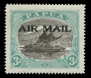 PAPUA : PAPUA: 1929-30 (SG.114) Overprinted 'AIR MAIL' 3d black & blue-green with "ALBINO" overprint, overprint impression clearly visible on reverse, expertising handstamp and a normal stamp for comparison, MUH, Cat. &pound;8,000 (as a missing overprint in pai - 2