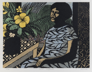 RAY AUSTIN CROOKE (1922 - 2015) Woman with flowers, hand-coloured screenprint, editioned [25/25], titled & signed to lower margin, 37 x 48.5cm (image size).