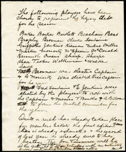 FITZROY: 1903 letter listing the players chosen to represent the Fitzroy Club for the following season; also mentions "Quite a rush has already taken place for members tickets, the first edition of 1000 is already exhausted & the record of last year is al