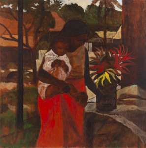 RAY AUSTIN CROOKE (1922 - 2015), mother and child, oil on canvas, signed lower left "R. Crooke", Australian Galleries Removalist label verso, 120 x 120cm