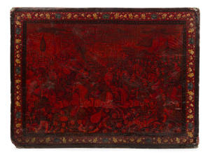 A Persian and Ottoman battle scene, hand-painted papier-mâché panel, 18th/19th century, ​35 x 47cm