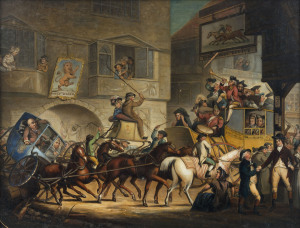 After WILLIAM MASON (English, 1724 - 1797), Scene in a country town at the time of a race, oil on artists board, circa 1850s, 42 x 55cm. A remarkably detailed and fine painting of the scene depicted in an etching published in 1783 by Valentine Green. (A hand-coloured example is held by the British Museum). The painting has been done on art board purchased from Geo. Rowney & Co., when the company was at 51 Rathbone Place, London in the 1850s. (see label verso).