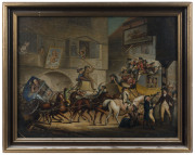 After WILLIAM MASON (English, 1724 - 1797), Scene in a country town at the time of a race, oil on artists board, circa 1850s, 42 x 55cm. A remarkably detailed and fine painting of the scene depicted in an etching published in 1783 by Valentine Green. (A - 2