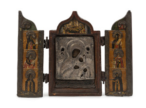 An antique Russian silver triptych icon, 18th century, ​17cm high, 22cm wide