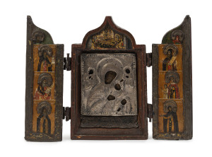 An antique Russian silver triptych icon, 18th century, 17cm high, 22cm wide