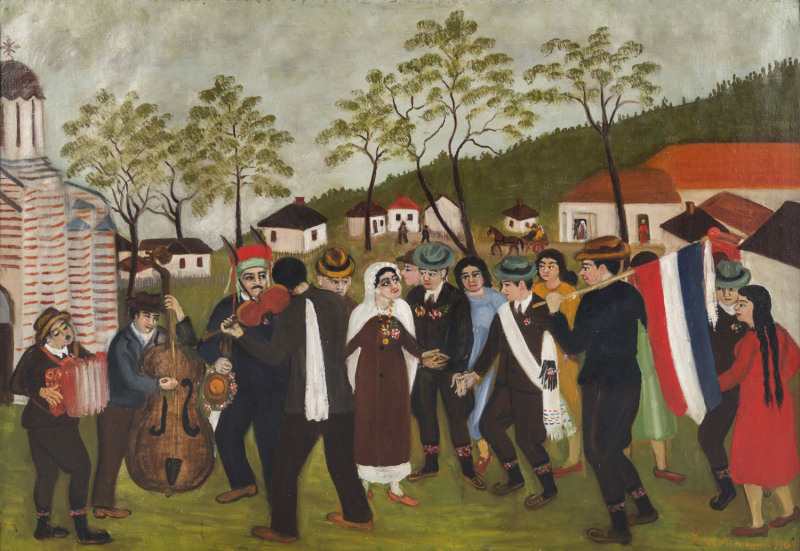 JANKO BRAŠIĆ (Serbia, 1906 - 1994) Dancing Circle, 1961, oil on canvas, signed and dated lower right, 62 x 88.5cm. With Arthur Jeffress, London Gallery label verso.