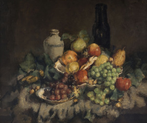 European School, (Still life with fruits and jars), circa 1900, oil on board, signed indistinctly at lower right, 61 x 74cm.