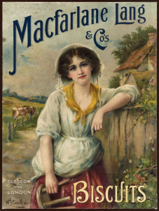ADVERTISING POSTER: Macfarlane Lang & Co's Biscuits, with artwork by W.J. Carroll, 1909, 51 x 37.5cm. (Laid down on card and mounted on backing board, overall 70 x 55cm).