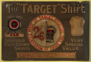 ADVERTISING: The "TARGET" Shirt by J. & K. "Splendid Half-Crown Shirts" point of sale advertising plaque on thick card, circa 1900, 32 x 48cm; mounted on exhibition panel, 71 x 55cm overall.
