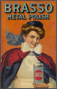 ADVERTISING: "BRASSO METAL POLISH" colour lithographic point-of-sale poster affixed to card, circa 1910, 54 x 33.5cm; mounted on a display board, 72 x 55.5cm overall.