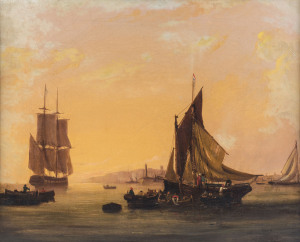 European School, (In the harbour at Sunset), oil on canvas, mid-19th Century,