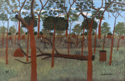 DICK (Goobalathaldin) ROUGHSEY (Australia (Aboriginal), 1924-85), Emus in Termite Country, acrylic on board, dated "82" lower left; signed "Goobalathaldin" lower right, 50 x 77cm.