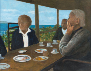 RAY AUSTIN CROOKE (1922-2015) Mt Martha Afternoon, oil on canvas board, signed lower left, titled and signed verso, 40 x 51cm. Joe & Roni Greenberg at afternoon tea with guests on their balcony.