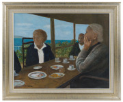 RAY AUSTIN CROOKE (1922-2015) Mt Martha Afternoon, oil on canvas board, signed lower left, titled and signed verso, 40 x 51cm. Joe & Roni Greenberg at afternoon tea with guests on their balcony. - 2