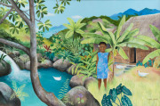 DIANA CROOKE (b.1954) Poolside hut, acrylic on board, ​signed lower right, 50 x 74cm.