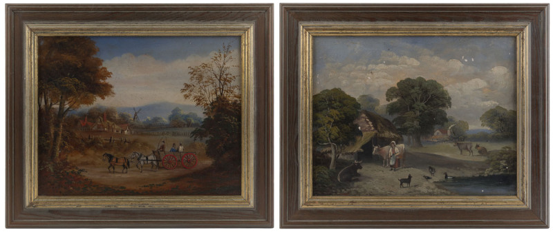 Artist Unknown, A pair of naive farmyard scenes, oil on board, both 30 x 38cm (approx.)