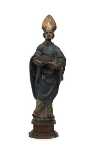 An Italian statue of a Bishop, polychrome carved wood, 18th century, 38cm high