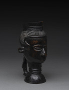 An African ceremonial face cup with figural handle, carved wood, Bakuba tribe, Central Congo, 19.5cm high