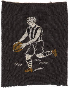 COLLINGWOOD: c1910 small cloth badge (34x42mm) showing Collingwood footballer, that Collingwood players were to sew onto their caps.