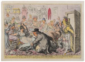 JAMES GILLRAY (British, 1756 - 1815), "The Man of Feeling, in search of Indispensibles" 1800, satirical etching with hand-colouring, 28 x 39cm.