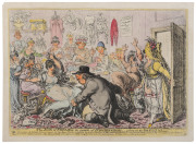 JAMES GILLRAY (British, 1756 - 1815), "The Man of Feeling, in search of Indispensibles" 1800, satirical etching with hand-colouring, 28 x 39cm.