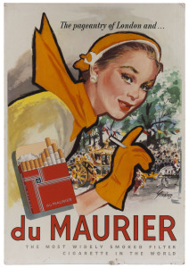 JOSEPH (JOE) GREENBERG (1923 - 2007), A set of three (3) colour lithographic du Maurier cigarette posters, circa 1953, featuring glamorous women in exotic locations: Madeira, London and New York, all with the same by line "The Most Widely Smoked Filter Cigarette in the World" and all signed "Greenberg" in the plate. "Photo Litho: McLarens, Melbourne" at lower right. All laid down on thick card, each 69 x 46cm.