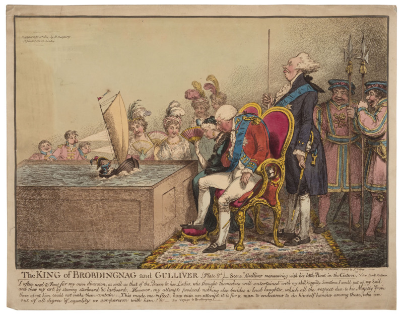 JAMES GILLRAY (British, 1756 - 1815), "The King of Brobdingnag and Gulliver" 1804, satirical etching with hand-colouring, 37 x 47cm.