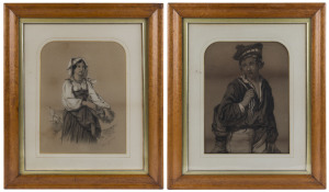 SUSANNAH "Sissie" HEMMING (1862 - ?) Untitled (portrait of a girl gathering flowers), pencil and charcoal, signed "Sissie Hemming" and dated 1881 lower right, approx 36 x 35cm. Accompanied by a similar portrait of a young boy in sailor outfit, unsigned and undated; presented in matching bird's-eye maple frames with gilt slips. (2). Each overall 59 x 49cm.