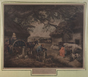 W. WARD, after GEORGE MORLAND (1763 - 1804), Hand-coloured engravings titled "The Thatcher" (published 1783), "The Dairy Farm" (1788) and "Cottagers" (1791), all framed (2 glazed), each overall 63 x 80cm (approx.). - 5