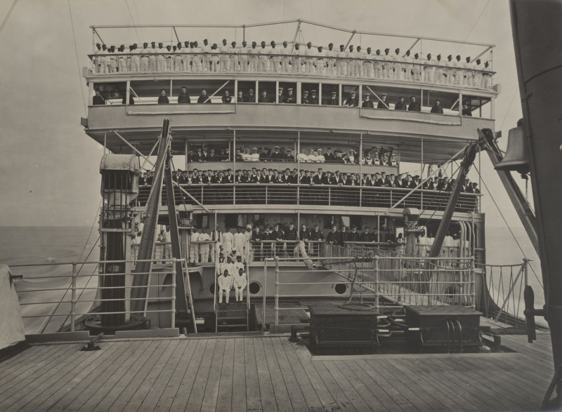 THE PENINSULAR & ORIENTAL COMPANY: A dilapidated presentation album, circa 1887, which contains 21 large format (27 x 37cm) photographic prints on Ilford Bromide paper. The images represent views of some of the newest P.&O. ships, their crews, public room