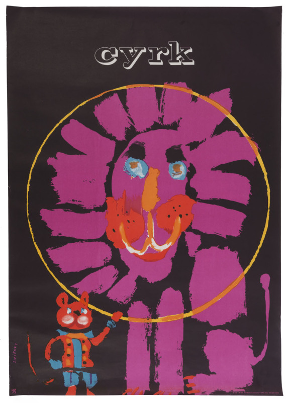 Waldemar SWIERZY (Polish, 1931 - 2013), CYRK (A lion about to jump through a hoop), lithograph in colours, 1972 "WDA 2 W-WA NOVOGRODZKA 64A ZAM.356. NAKLAD 3300" at lower right, 97 x 67cm.