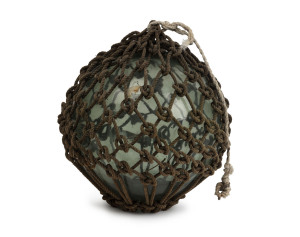 A vintage glass fishing buoy with rope binding, mid 20th century, 32cm diameter