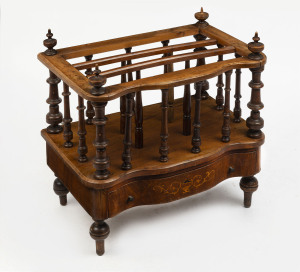 A Victorian Canterbury, burr walnut with marquetry inlaid drawer, late 19th century, drawer base replaced, 53cm high, 55cm wide, 36cm deep