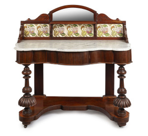 An antique English mahogany washstand with marble top and tile back, circa 1875, 116cm high, 121cm wide, 57cm deep