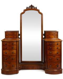 An antique cheval dressing table, finely crafted in mahogany and cedar, 19th century, with secret drawer! 180cm high, 155cm wide, 60cm deep