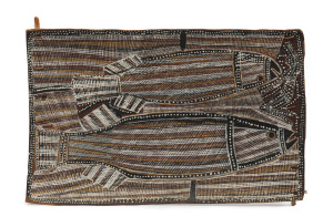 MILINGIMBI SCHOOL (Northern Territory), The Two Fish In The Sacred Water hole, bark and natural earth pigment, title label verso with ink notation "Milingimbi", 45 x 72cm