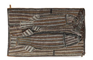 MILINGIMBI SCHOOL (Northern Territory), The Two Fish In The Sacred Water hole, bark and natural earth pigment, title label verso with ink notation "Milingimbi", ​45 x 72cm