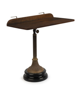 An antique shop display bookstand gilt metal, oak on black ceramic base, 19th century, 43cm high,