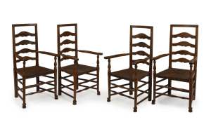 Set of four antique English oak ladderback carver chairs, 19th century, 109cm high, 60cm across the arms